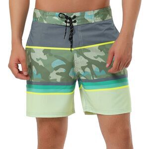 Summer Color Block Shorts Drawstring Stripe Swim Beach Board Shorts Beige Camo